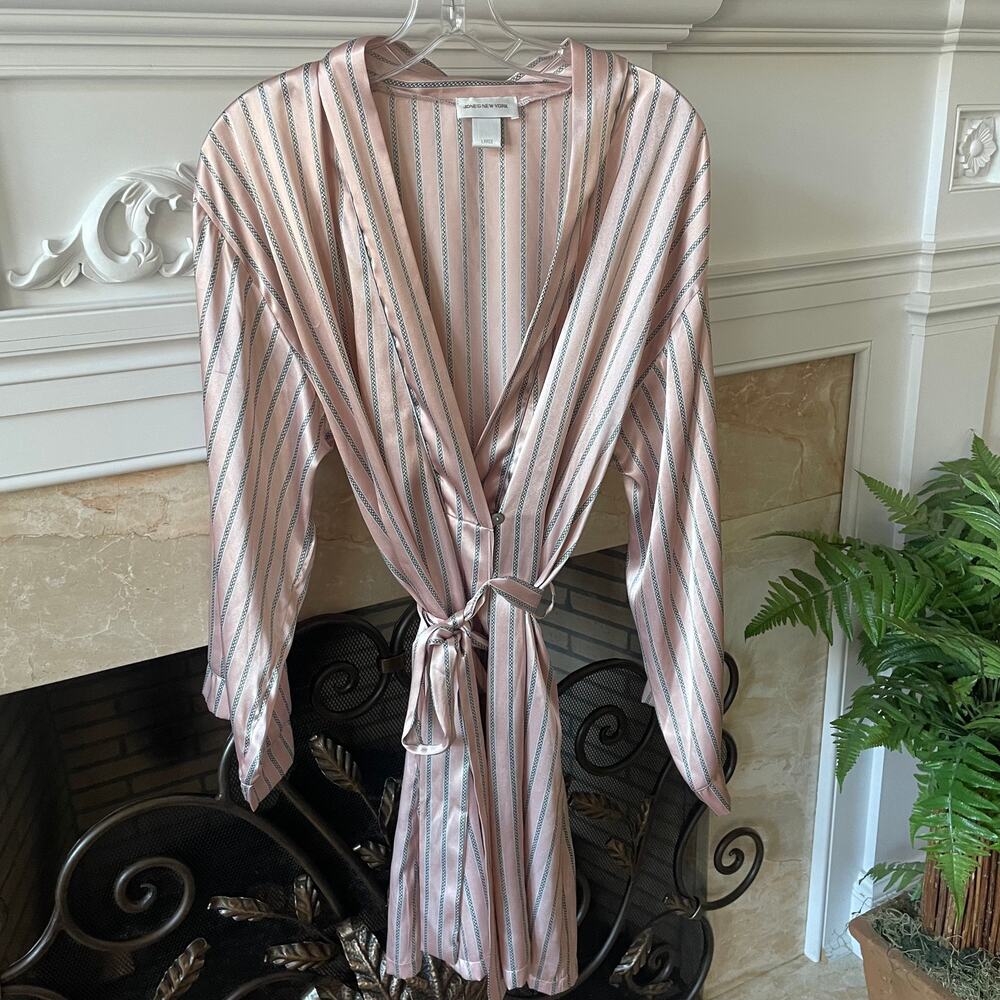 Jones New York Light Pink Black/White Striped Satin Bathrobe Sz L